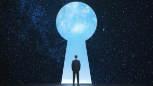 Man stepping through a keyhole into a dreamscape of psychic energy