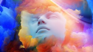Human face entering a dream state of spiritual energy with psychic vision