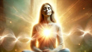 A peaceful person healing from grief with radiant energy glowing from their heart