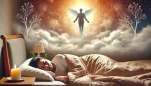 A woman peacefully sleeping as a dream vision of a loved one in a heavenly setting appears above her