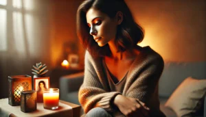 A woman sitting quietly in a softly lit room, processing grief after losing a loved one