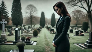 A woman standing solemnly at a gravesite in a peaceful cemetery, missing a loved one