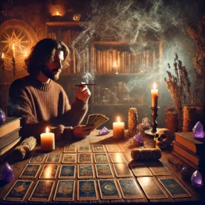 A long-haired reader at a wooden table reading tarot by candlelight and incense
