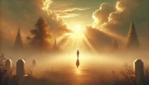 Warm sunlight streaming through clouds, symbolizing closure and healing after loss