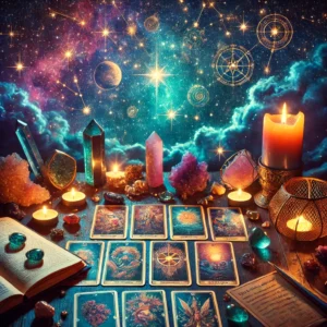 Tarot cards spread beneath a starry night sky with crystals and dripping candles