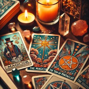 The Magician, The Star, and Ten of Pentacles surrounded by crystals and candles