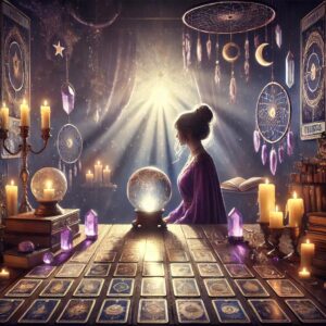 A silhouette of a woman in a lavender room with candles, a crystal ball, and cards laid for reading