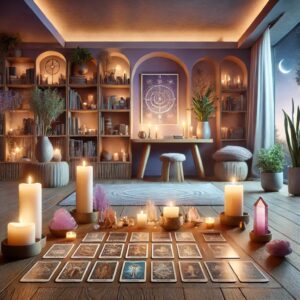 A contemporary living room with candles, amethyst, and tarot cards arranged on the floor
