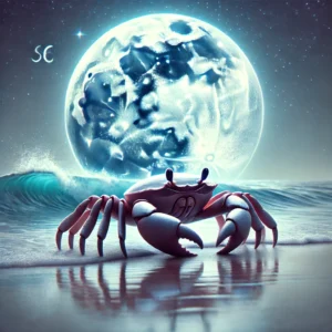 Cancer Zodiac Sign Crab emerging from ocean under full moon