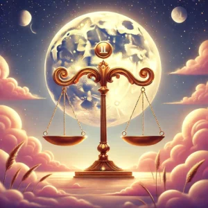 Justice scales for Libra under full moon with pink clouds
