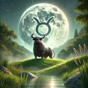 Taurus-Full-Moon-Zodiac-Sign Bull Standing on Grass under Full Moon