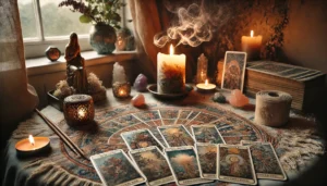 Close-up of a tarot reading setup on a decorative tarot cloth