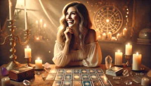 A happy woman smiling warmly in a moment of clarity after a tarot reading
