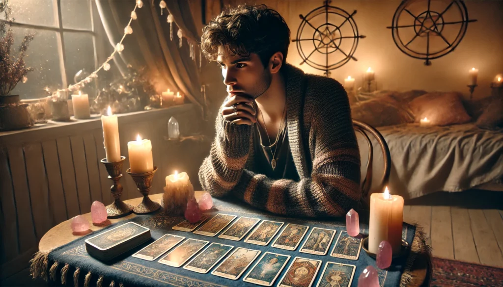 mystical-scene-showing-a-person-sitting-at-a-table-with-tarot-cards-spread-out-in-front-of-them-looking-indecisive