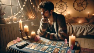 A person sitting at a table with tarot cards spread out, weighing a decision