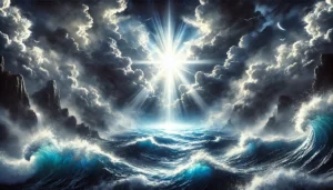 White light breaking through storm clouds over a turbulent ocean, the Three of Swords rendered in weather
