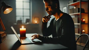 A man in black writing on a laptop by candlelight, synchronicity arriving mid-sentence