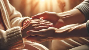 Young hands gently holding the frail hands of an elderly woman in warm golden light