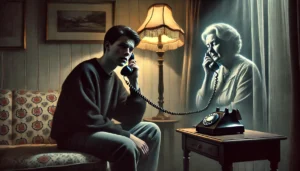 A 1990s teenage boy talking late at night on a corded house phone