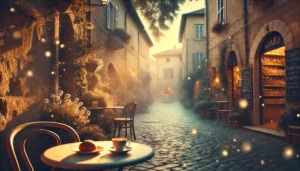 A cobblestone street in Italy at golden hour, a café table set with a pastry and coffee