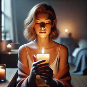 A woman lighting a candle in a peaceful dim room, finding calm amid personal struggles