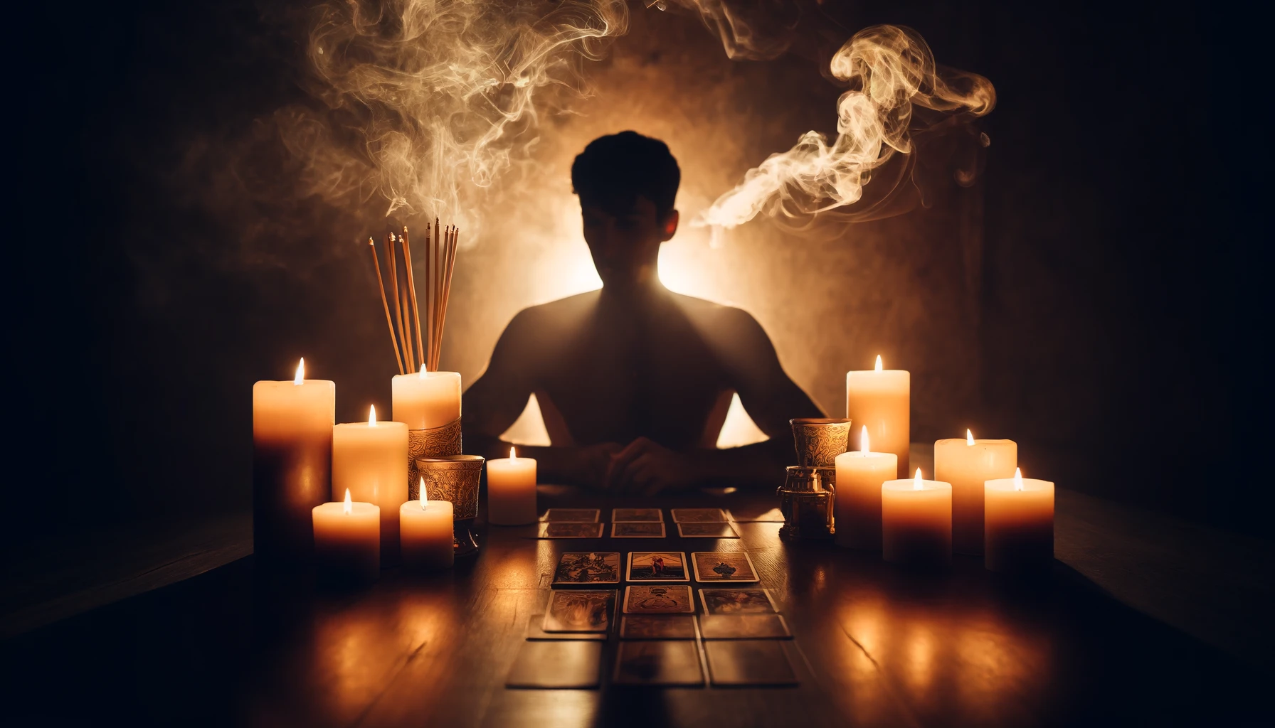 A-silhouette-of-a-male-tarot-reader-seated-at-a-table-surrounded-by-the-soft-glow-of-multiple-candles-with-tarot-cards-laid-out-in-an-engaging-spread-of-tarot-cards