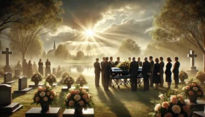 A heartfelt funeral scene in a peaceful outdoor cemetery with mourners in black