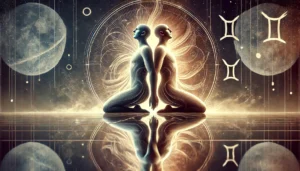 A-stylized-representation-of-the-zodiac-sign-Gemini-with-a-theme-of-self-reflection.-The-image-depicts-two-twin-figures-standing-side-by-side-mirroring eachother