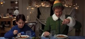 Buddy the Elf eating spaghetti with maple syrup, dietary choices at their most festive