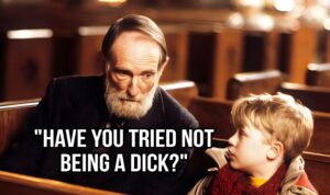Kevin talking with the old man in the church scene from Home Alone