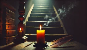 A beeswax candle glowing at the base of dark stairs, incense curling upward, a Life Path reading beginning