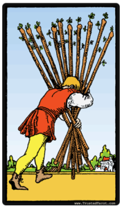 The Ten of Wands tarot card from the Rider-Waite deck, a figure carrying ten heavy wands