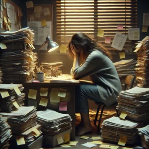 A woman at a cluttered desk, head in hands, before the calm of a tarot reading