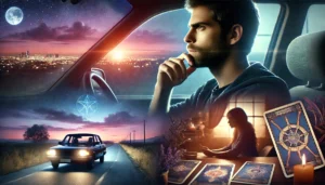 A man driving thoughtfully on a highway at dusk, contemplating a career change