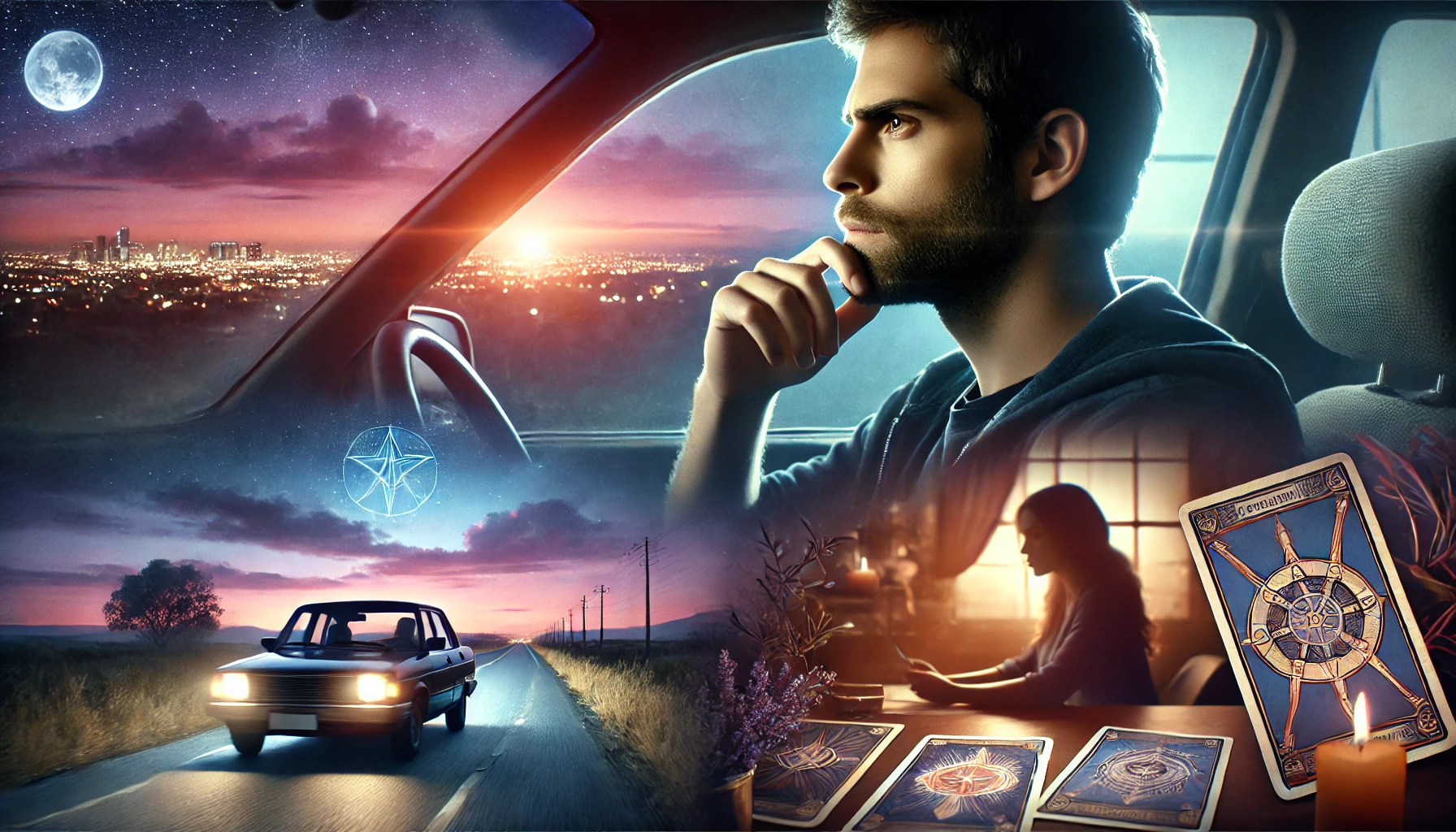 a-man-driving-thoughtfully-on-a-highway-at-dusk-with-a-contemplative-expression-as-city-lights-begin-to-glow-in-the-distance. Contemplating a tarot reading for career change