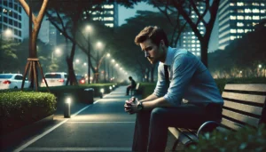 A man sitting alone on a park bench at dusk, deep in thought about his career path