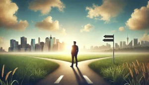 A man standing at a crossroads in a serene landscape, contemplating a career change