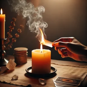 A person carefully burning a small piece of paper in a candle flame in a dim, calm room