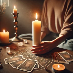 A person holding a lit candle in a quiet room with tarot cards and crystals spread out