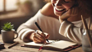 A person joyfully writing in a notebook at a cozy desk, listing what brings them joy