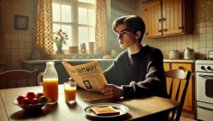 A 1990s teenager at a retro kitchen table reading the obituary page