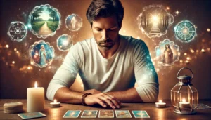 Chris Bennett, internationally recognized tarot reader, seated at his reading table
