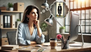 A woman at her desk gazing thoughtfully, imagining The Hanged Man tarot card