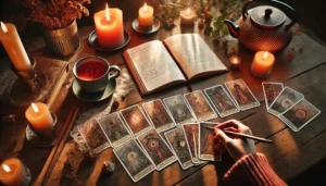 A tarot reading setup with a complete spread, burning candle, and a hand gently selecting a card