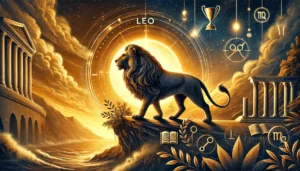 the-zodiac-sign-Leo-with-a-focus-on-career-ambitions.-The-scene-shows-a-powerful-majestic-lion-standing