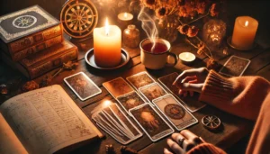 A warm tarot reading scene with a full spread on a wooden table, a lit candle, and a hand selecting a card