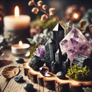 Black tourmaline and amethyst crystals arranged on wood, the protective pairing for a sealed space