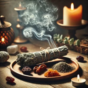 A burning sage stick sending fragrant smoke through a calm room, energetic cleansing in motion
