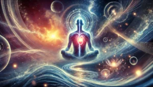 A serene figure surrounded by glowing waves of energy from the heart, deeply listening to intuition