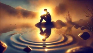 A person sitting alone by a calm lake at sunrise, their reflection showing the beginning of self-forgiveness
